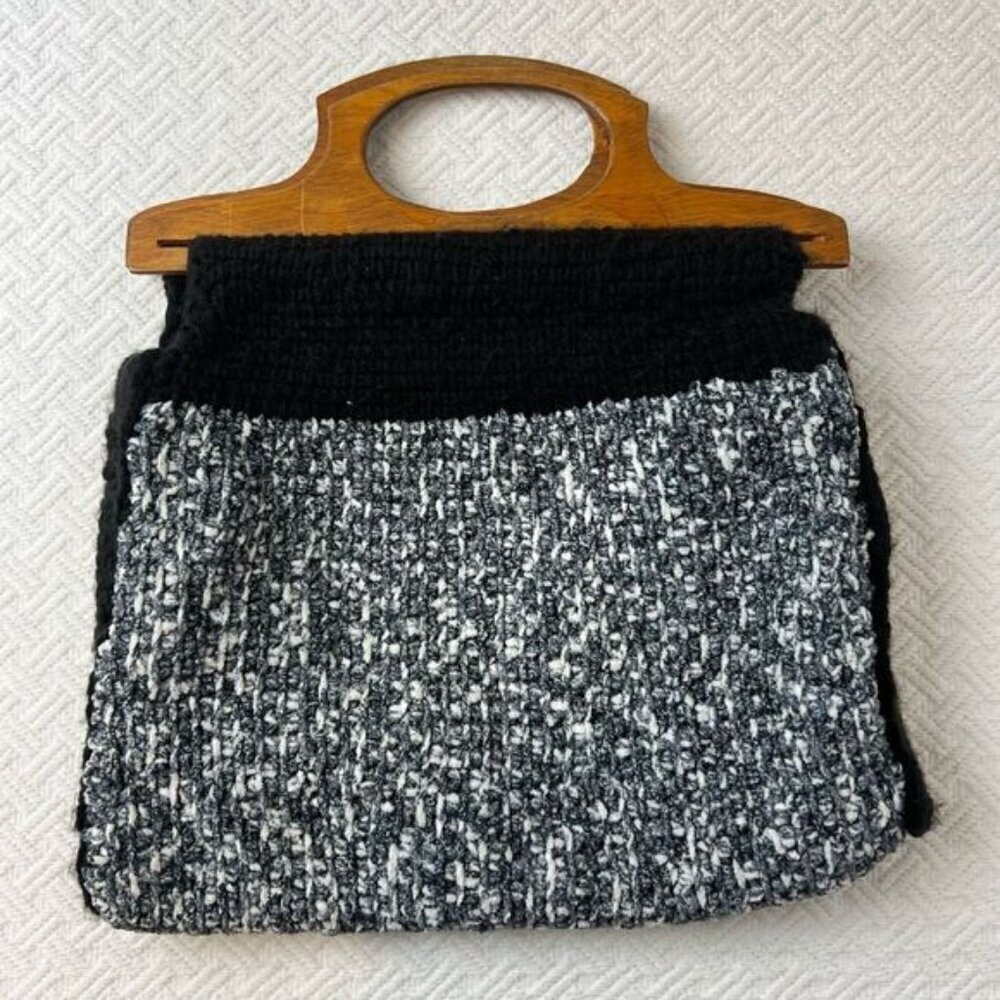 Vintage Handmade Woven Minimalist MCM Boho Clutch Bag Purse Wood Handle Retro